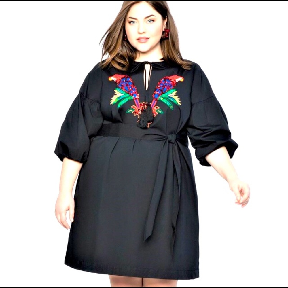 Parrot Embellished Puff Sleeve Dress